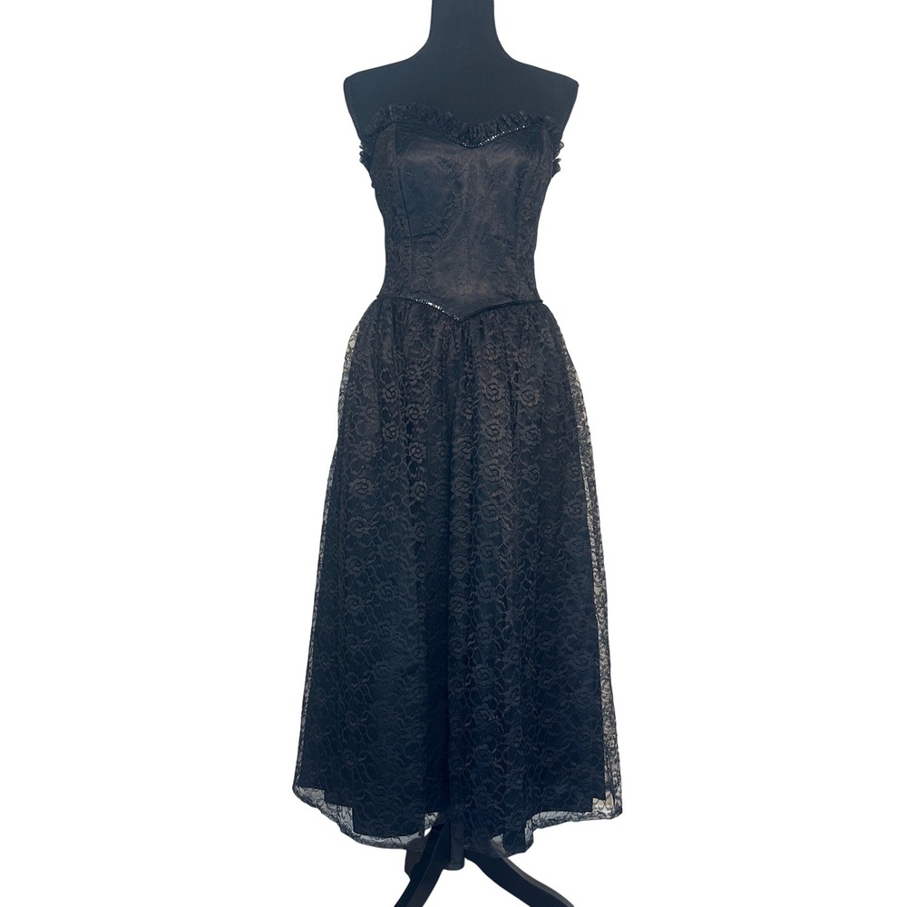 Gunne‎ Sax Y2K VTG Black Lace Gothic Corset Style Strapless Formal Dress Size 9 - Picture 2 of 16